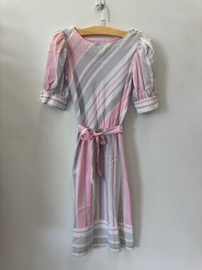 Vintage Pink Striped Puff Sleeve Midi Dress